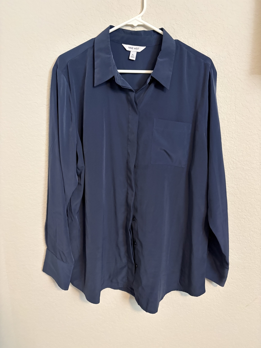 Nine West Slate Blue Satin Button Down Long Sleeve Blouse Top Size XL